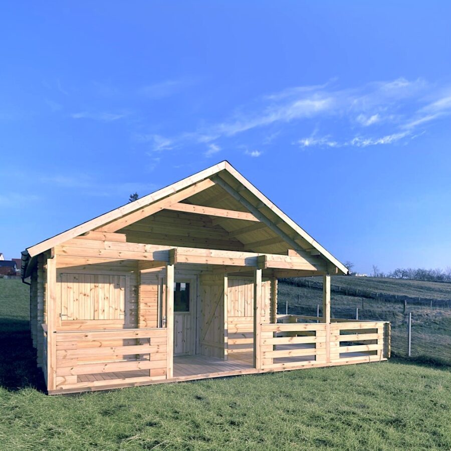 Wooden cabin with a terrace and porch, front view, on the grassy field near a farm in a blue sky background, made of natural wood, handcrafted using timber frame construction technique, simple design, wooden planks, timber frame construction style, cabin size is around five meters long, two meters wide and three meters high, photorealistic --ar 1:1 --stylize 0 --v 6.1 Job ID: d2b79e83-e77a-4194-a454-2a6a2876f7d6