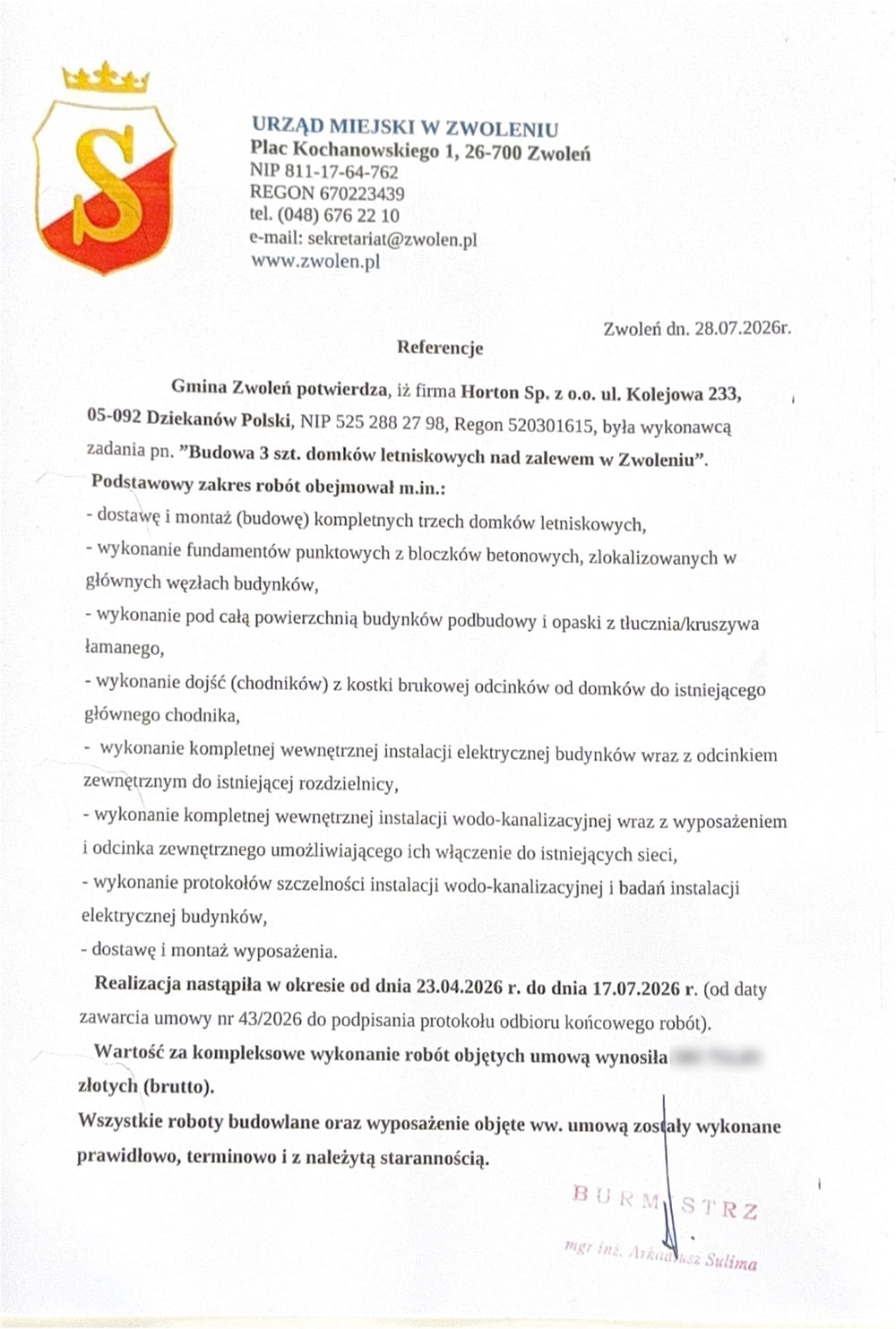 List gratulacyjny od Gminy Zwoleń dla Horton